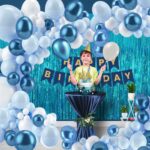 Premium Blue & Silver Birthday Decoration Kit – 45 Pcs | Balloons, Banner & Foil Curtain Set